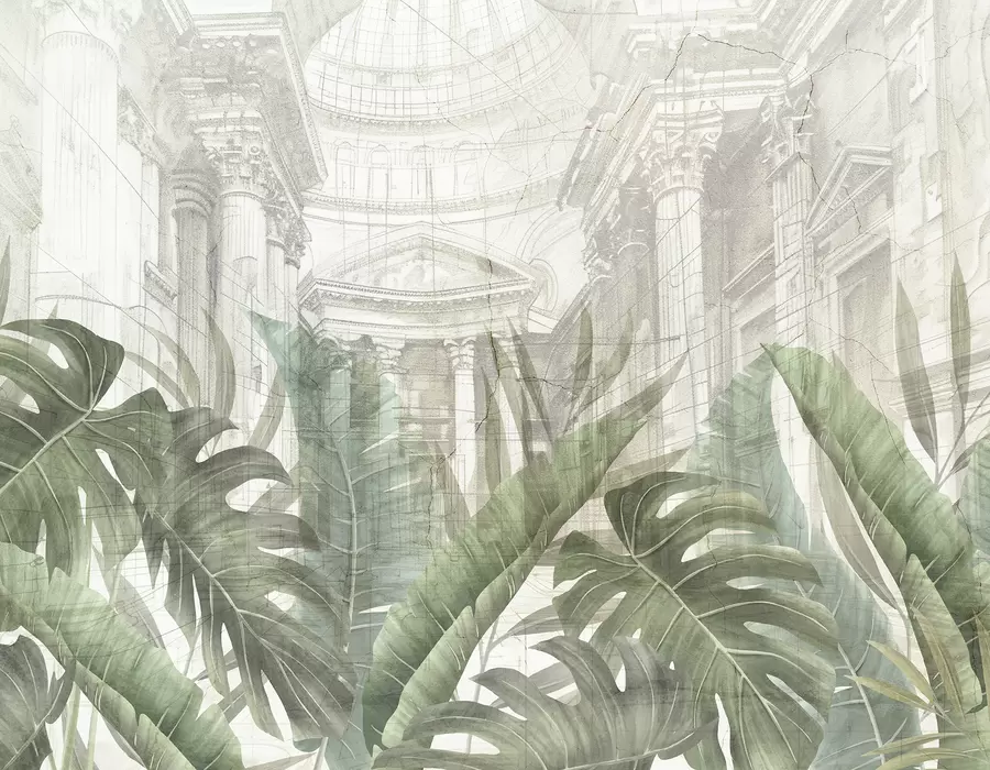 fototapet Un desen grandios cu coloane arhitecturale ornamentate din marmură și plante verzi tropicale luxuriante w01311