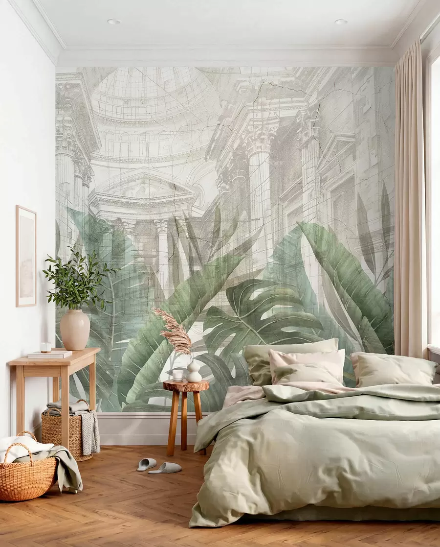 fototapet Un desen grandios cu coloane arhitecturale ornamentate din marmură și plante verzi tropicale luxuriante w01311