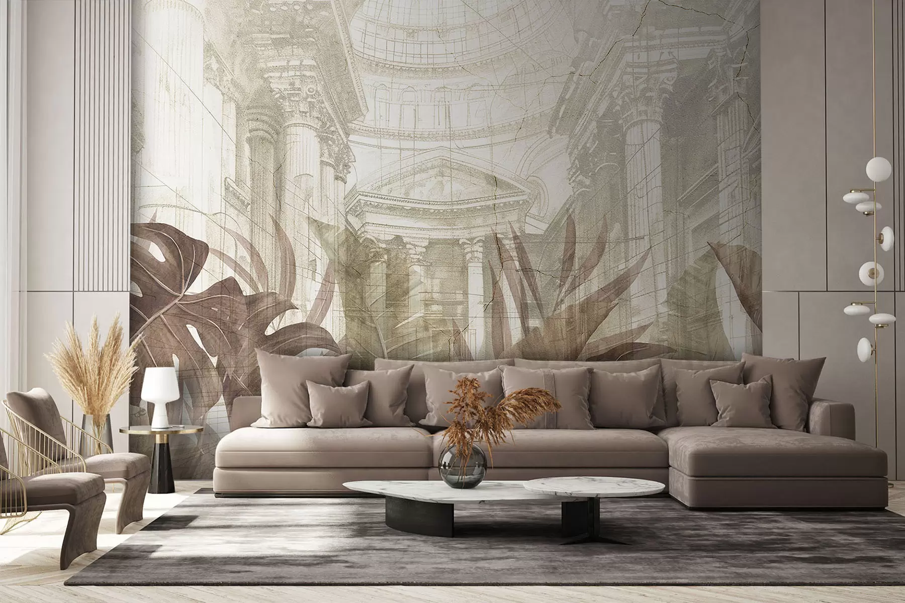 fototapet Un desen grandios cu coloane arhitecturale ornamentate din marmură și plante tropicale luxuriante din sepia w01311v1