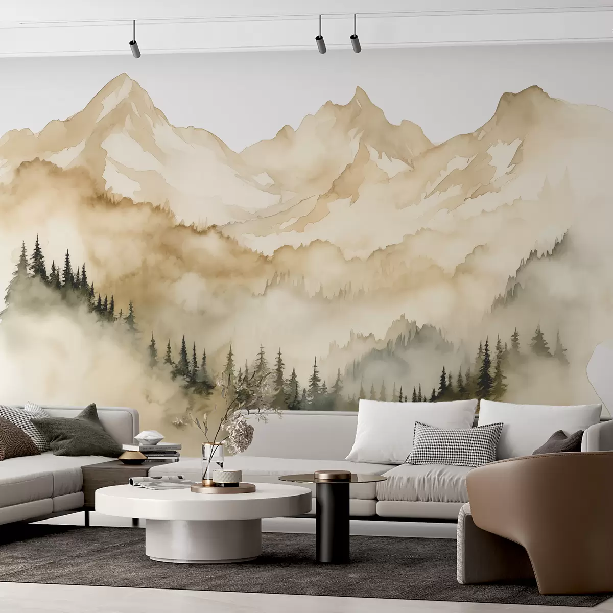 fototapet Pădure în ceață la poalele munților stâncoși bej acuarelă ilustrare w07884