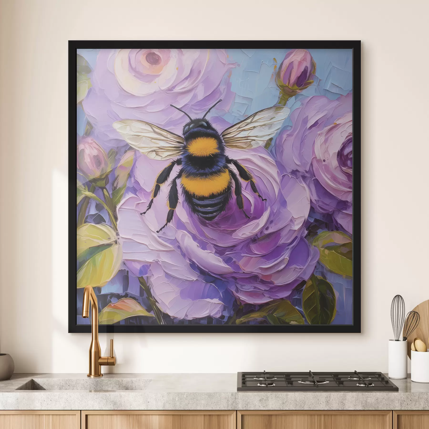 fototapet Albină pe bujori roz, flori de vară colorate, pictură în ulei, lovituri de perie vii f39411