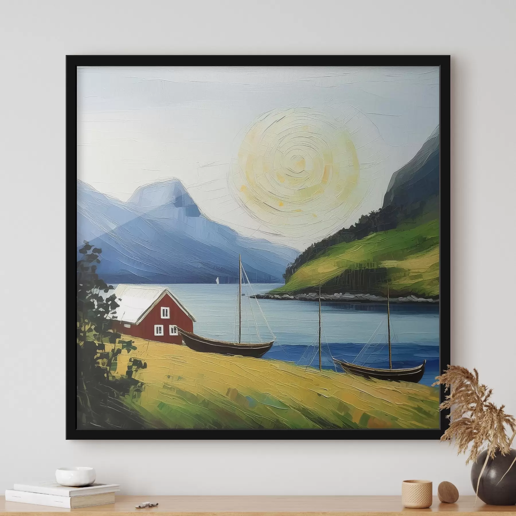 fototapet Vara nordică, casă mică pe coasta mării, soare pe cerul albastru, munți f39423