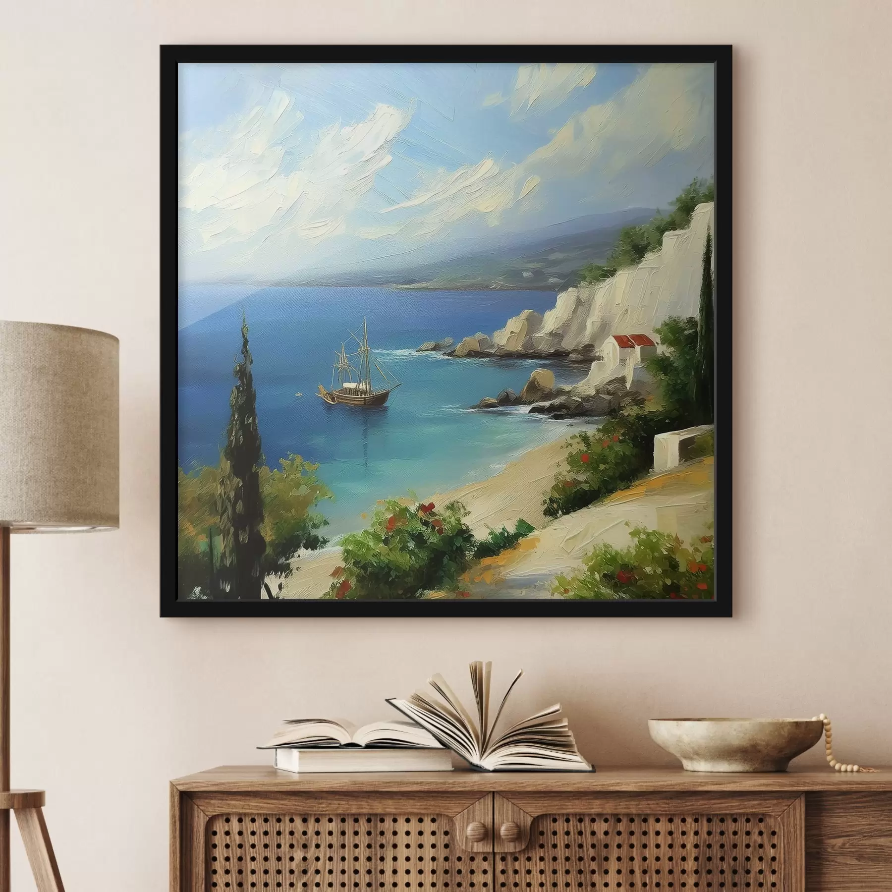 fototapet Grecia coasta mării, navă, apă albastră, pictură în ulei, natura de vară, roci, lovituri de perie vii f39425