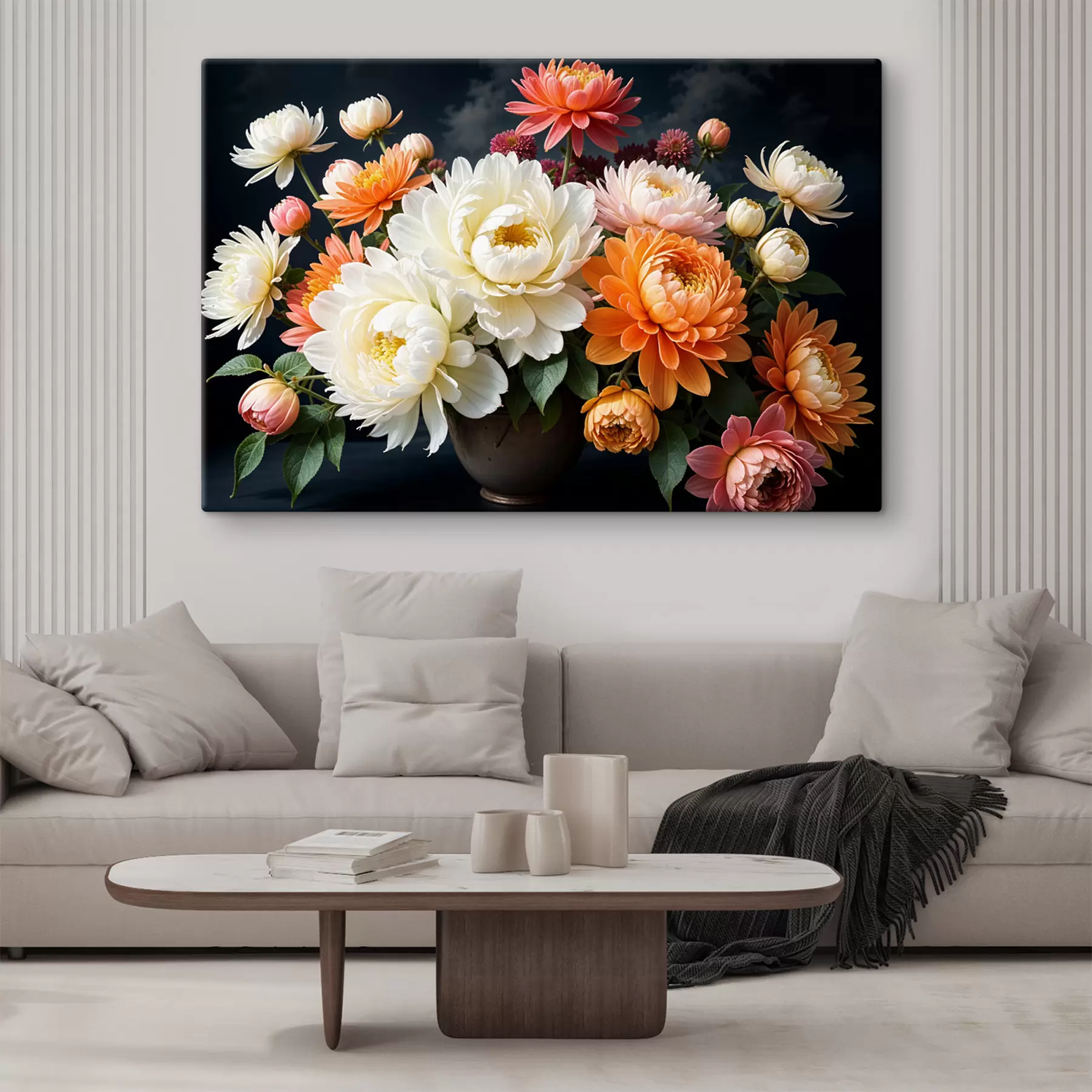 Tablouri Un buchet de flori dahlia vibrante în diferite culori pe un fundal întunecat s39399