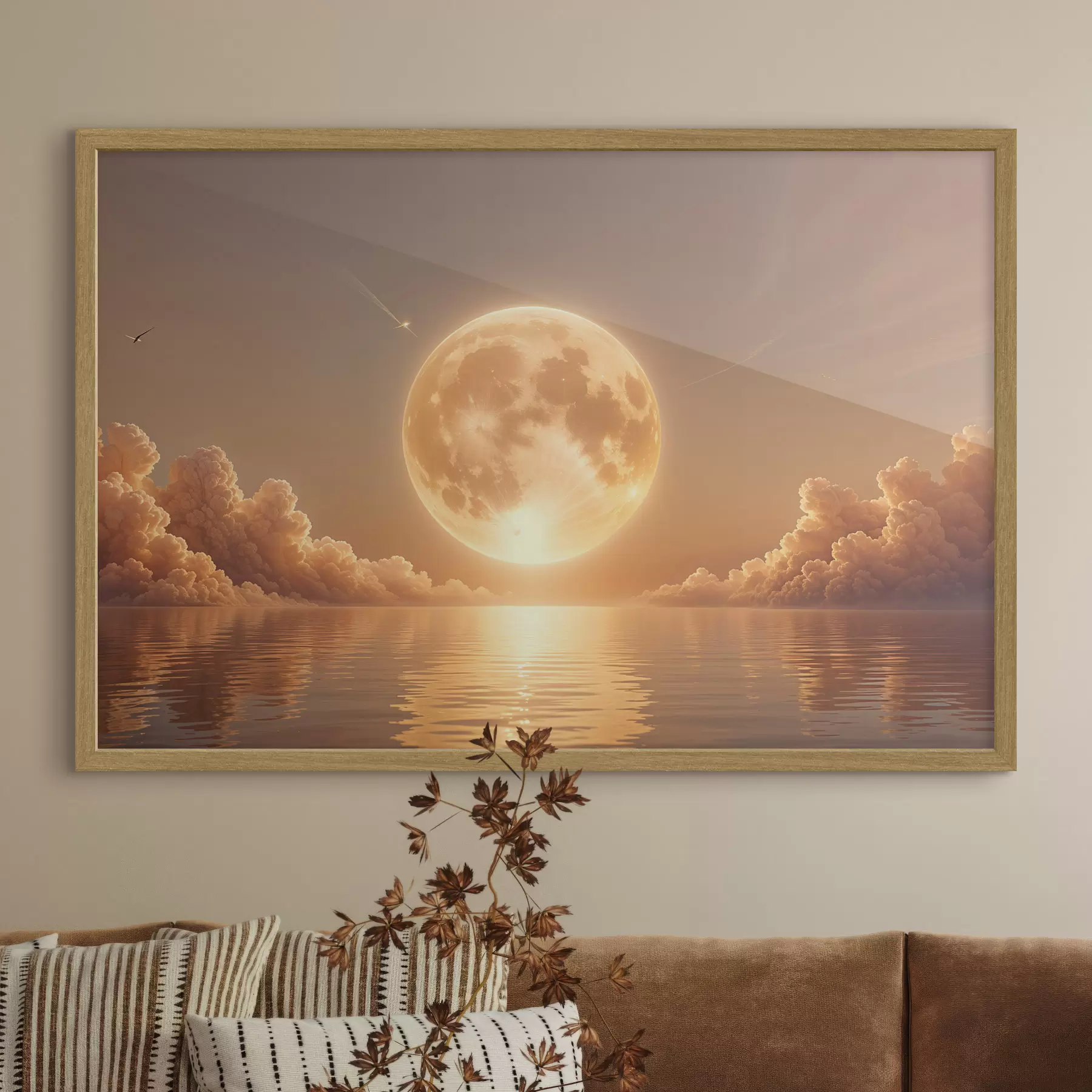 fototapet O lună plină mare și strălucitoare răsărind peste un ocean calm și reflectorizant la apus f39403