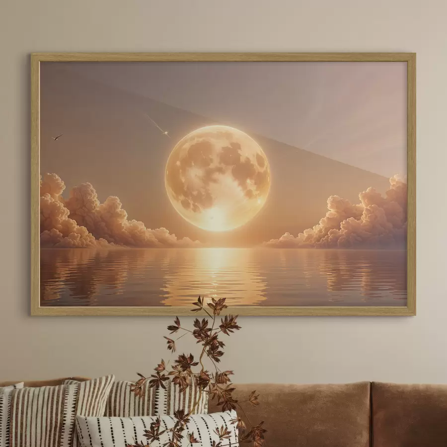 fototapet O lună plină mare și strălucitoare răsărind peste un ocean calm și reflectorizant la apus f39403