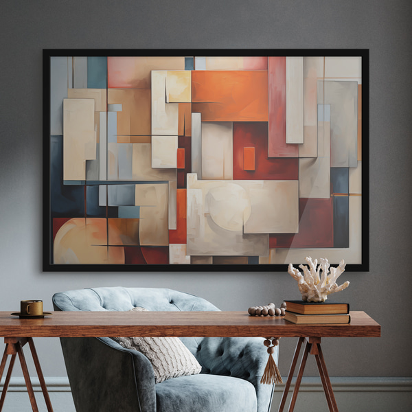 Abstracție în stil cubism, pictură în ulei, roșu, albastru, alb culori