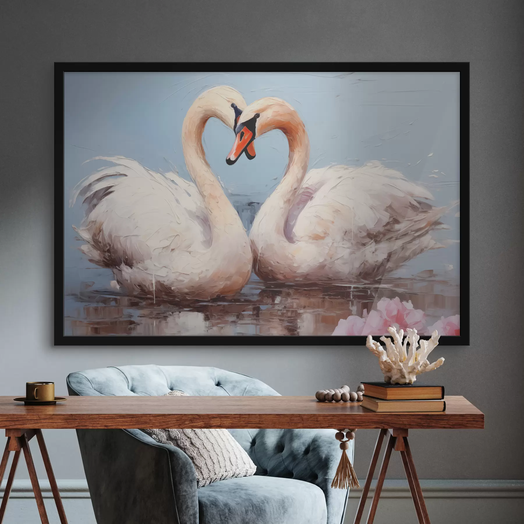 Tablouri Pereche de lebede albe pe un iaz, pictură în ulei f39572