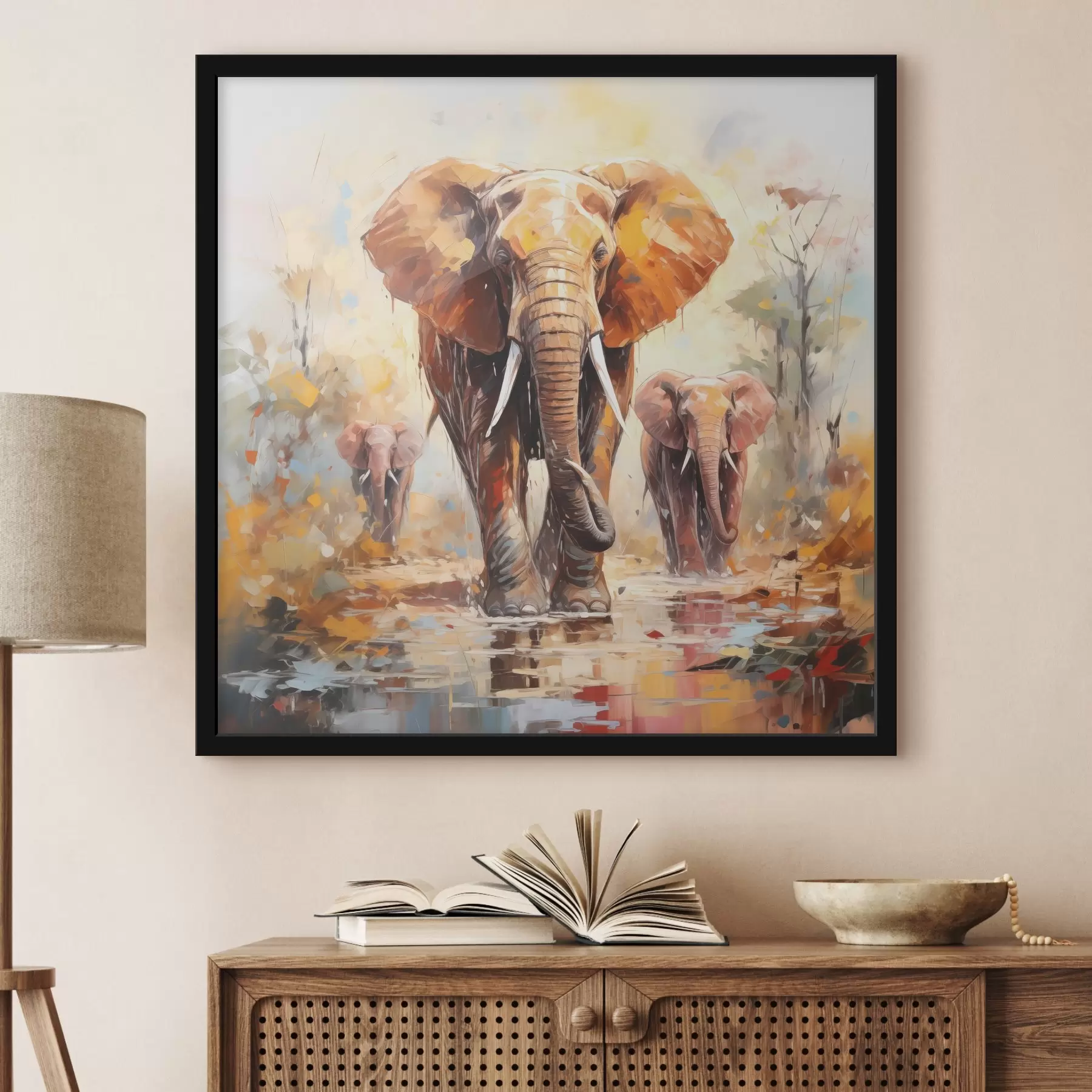 fototapet O turmă de elefanți printre savană, pictură în ulei, artă abstractă f39573