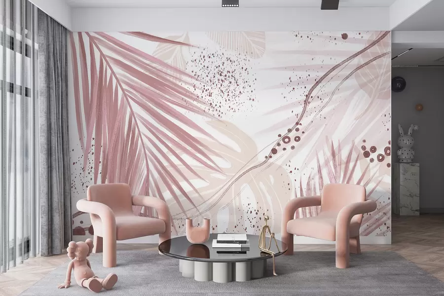 fototapet Frunze și frunze de palmier roz tropical, cu forme abstracte și stropi în nuanțe de roz și alb w07918v1