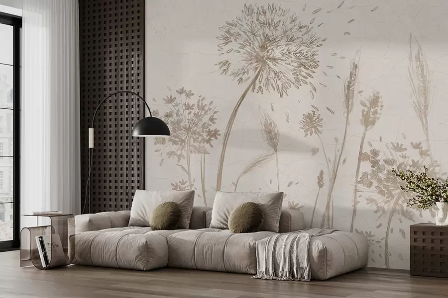 fototapet Un câmp de păpădii și alte flori sălbatice pe un fundal moale, cețos w07921