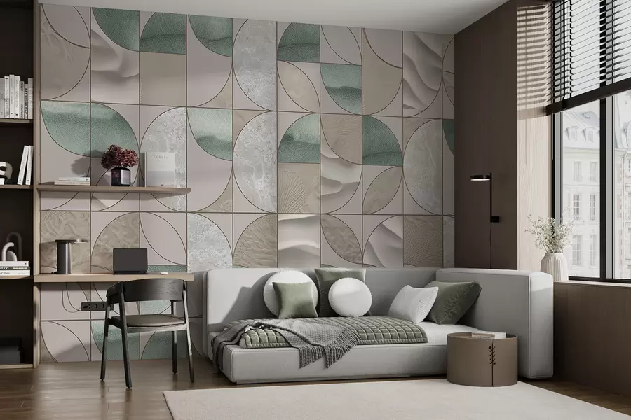 fototapet Un model geometric de texturi verzi, bej și alb aranjate într-un design abstract repetitiv w07928