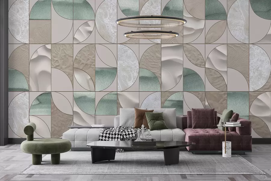 fototapet Un model geometric de texturi verzi, bej și alb aranjate într-un design abstract repetitiv w07928