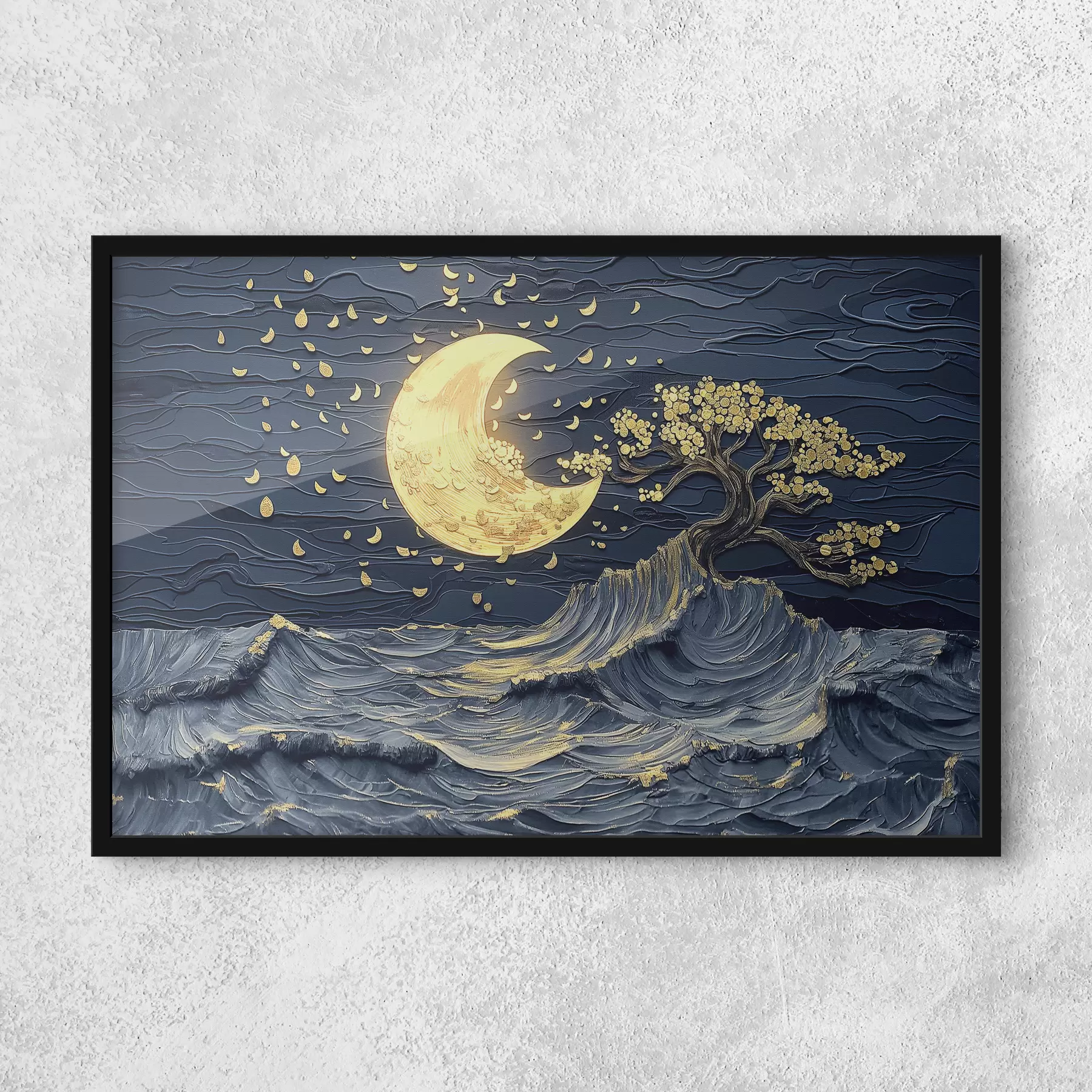 fototapet Pictură acrilică: peisaje marine romantice cu frunze de căzute și reflecții în lumina lunii f39449