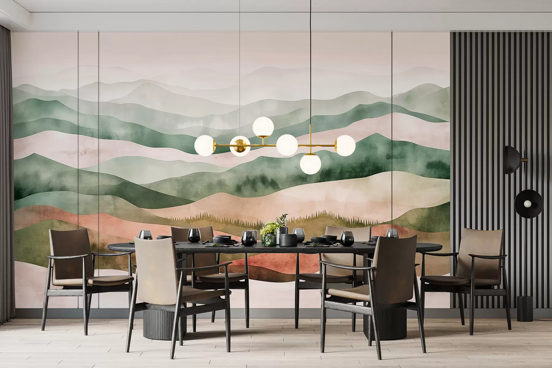 fototapet Watercolor munți peisaje, pădure, natură, verde și bej culori w07950v1