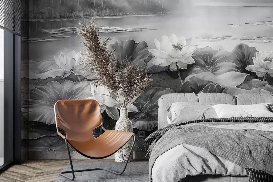 fototapet Nuferi, lac de pădure, desen acrilic, natură, culori gri w07957v1