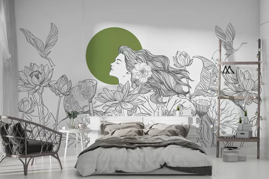 fototapet Femeie în natură, desen liniar, flori de lotus, frunze mari, păsări zburătoare, culoare gri și verde w07988v3