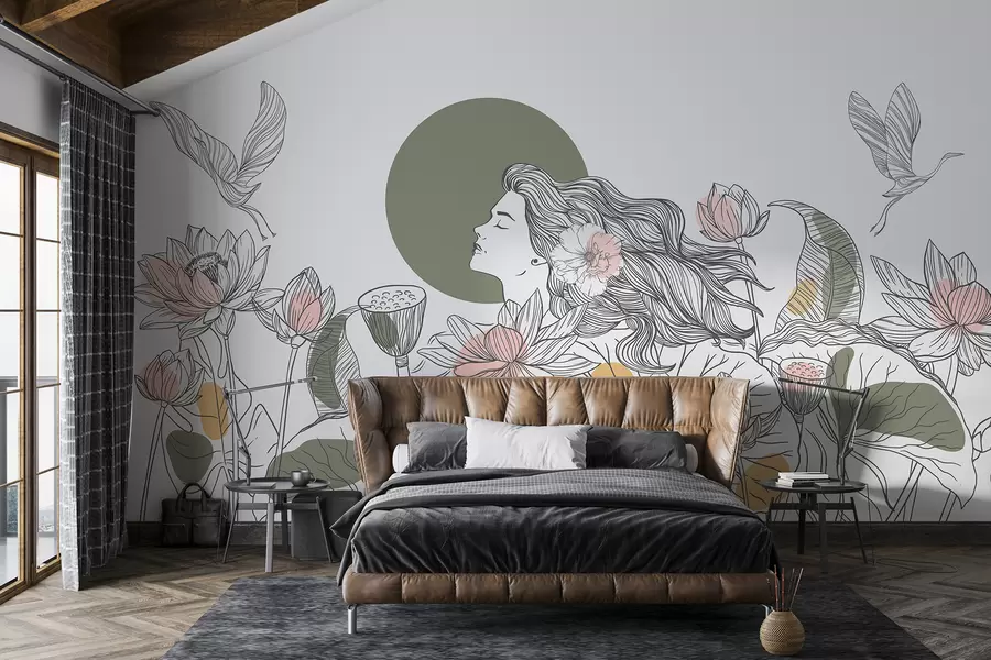 fototapet Femeie în natură, desen liniar, flori de lotus, frunze mari, păsări zburătoare, culori pastelate w07988v6