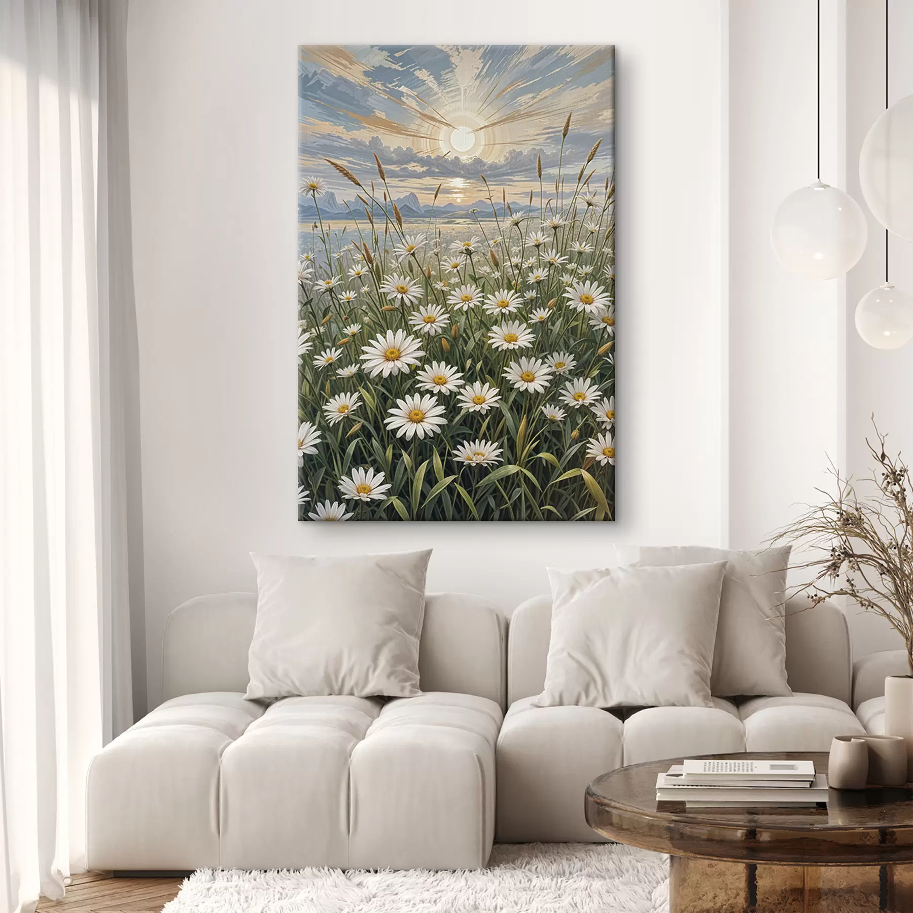 fototapet Un câmp de flori albe margarete în prim-plan cu peisaj de munți și un cer noros s39528