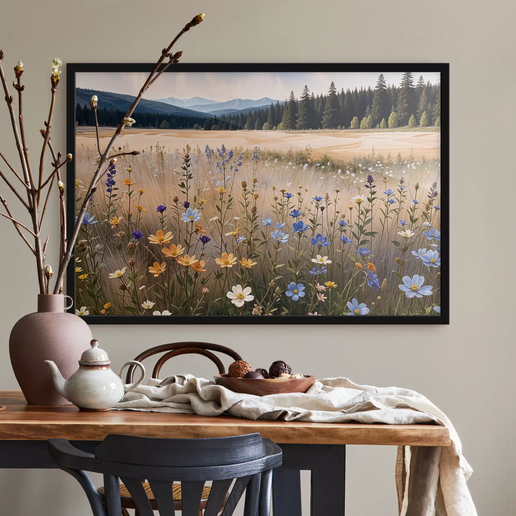 fototapet Un câmp de flori sălbatice colorate în prim-plan, cu un lac și munți în fundal f39502