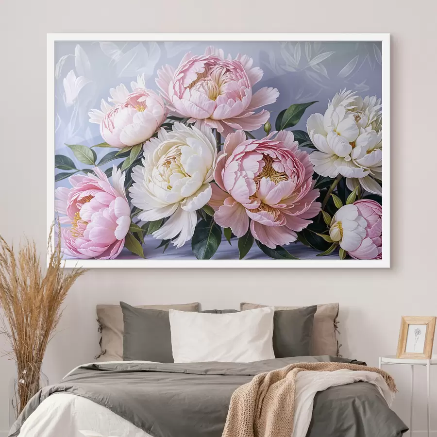 fototapet Un buchet de flori mari, luxuriante, roz și albe de bujor, cu frunze verzi, pe un fundal blând, neclar f39514