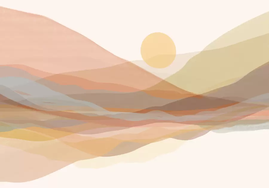 fototapet Peisaj montan cu un soare cald pe cer, dealuri ondulate în nuanțe de portocaliu, galben și maro w07976