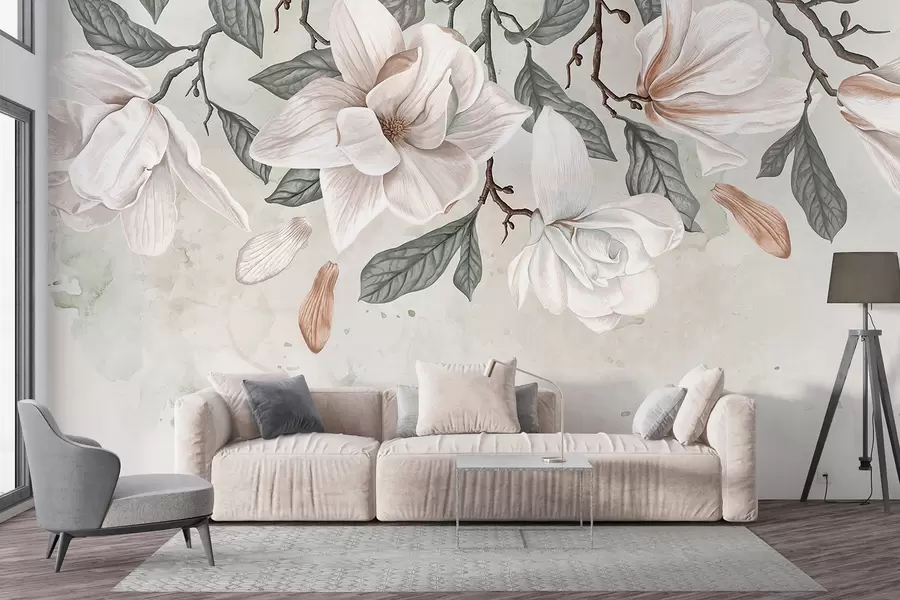 fototapet Flori delicate de magnolie roz și albe cu frunze verzi pe un fundal deschis, o compoziție florală moale w07977