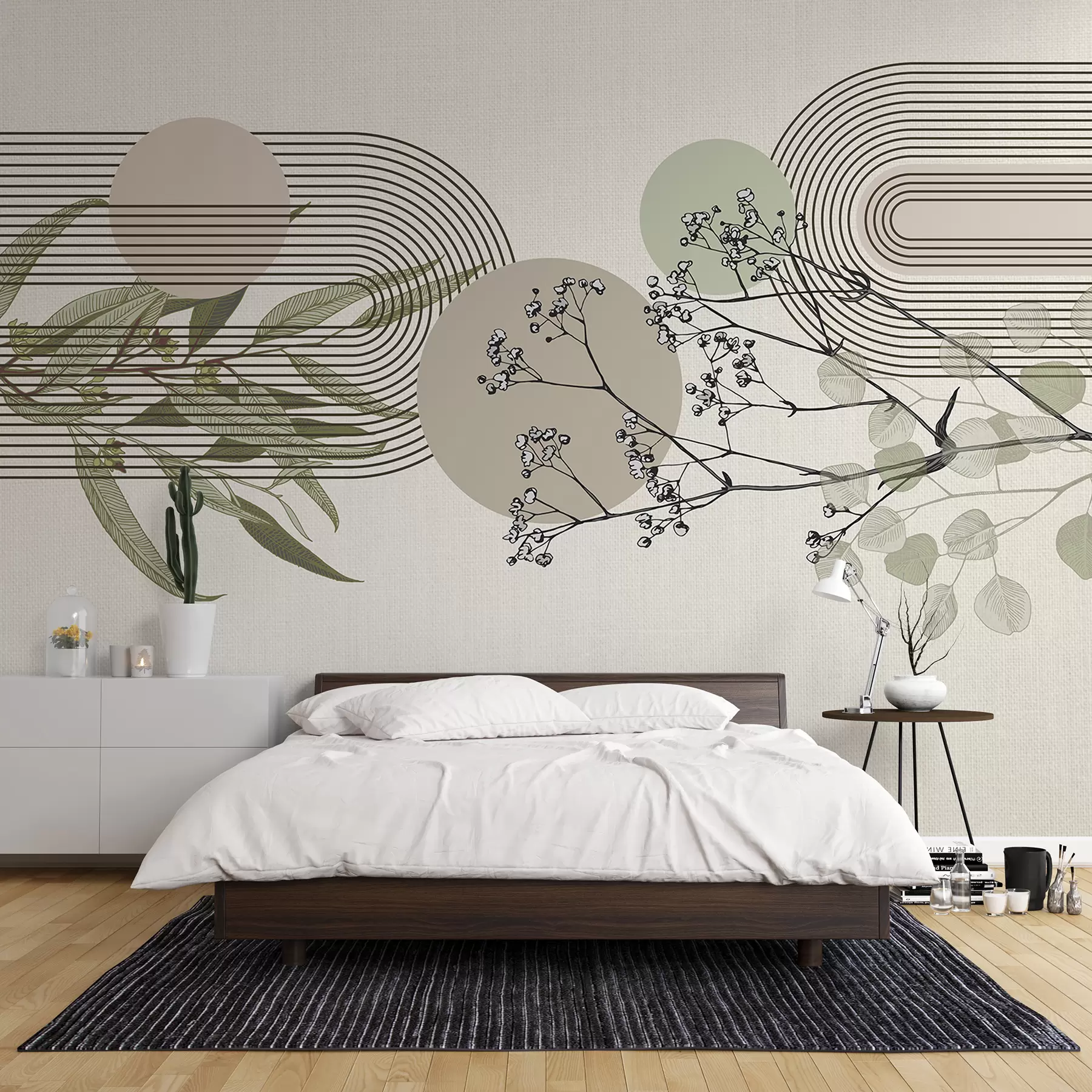 fototapet O abstracție minimalistă cu forme organice, ramuri de copac stilizate sau plante cu detalii florale delicate w07979