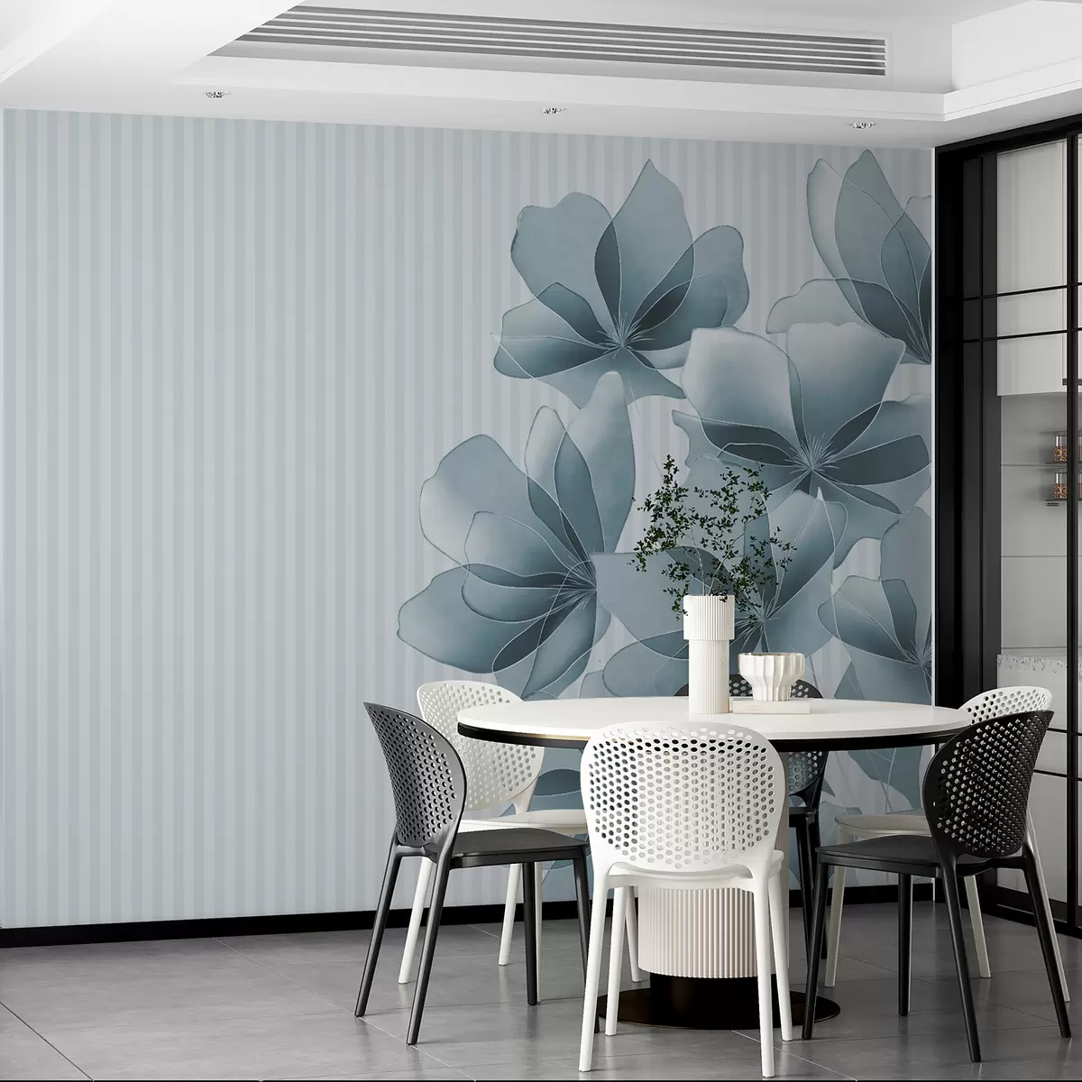 fototapet flori albastre delicate pe un fundal cu dungi w08040