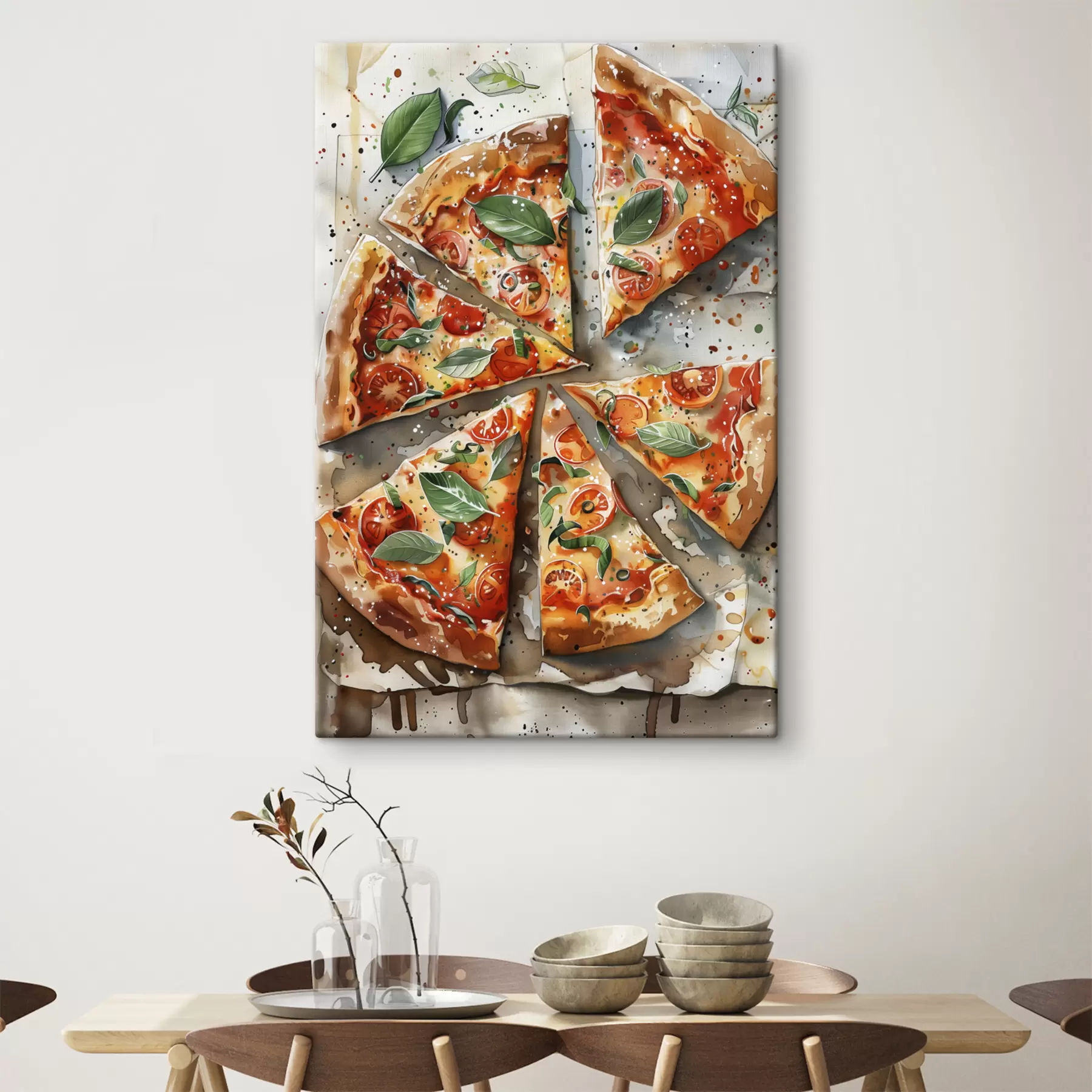 fototapet Delicioasă pizza italiană, acuarelă artă alimentară, margarita, roșii s39703