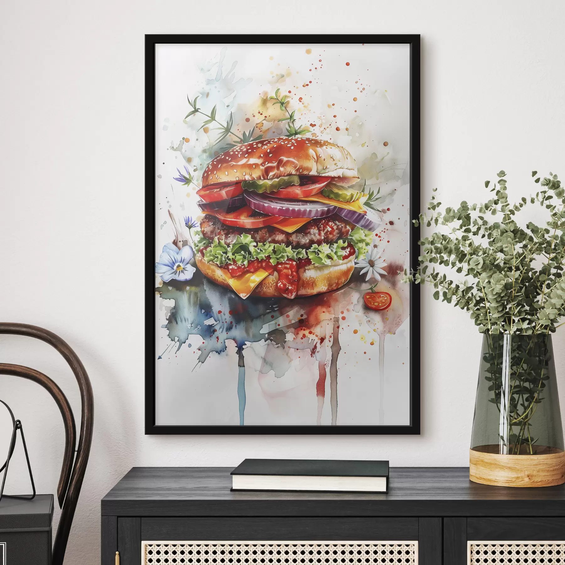 fototapet Burger gustos cu carne, floral, acuarelă, artă alimentară f39699
