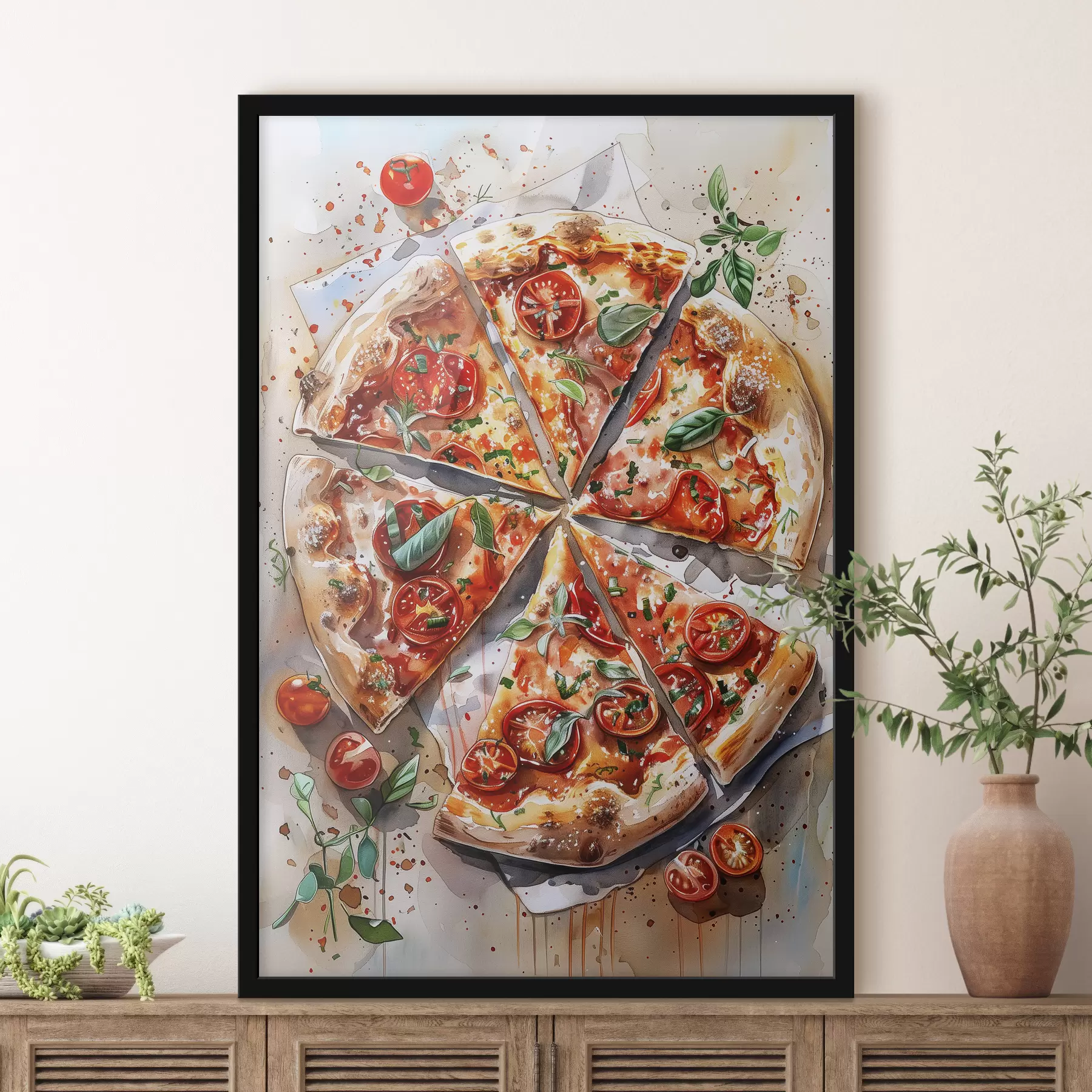 fototapet Pizza acuarelă, delicioasă, roșii și brânză, artă alimentară, masă de lemn f39704