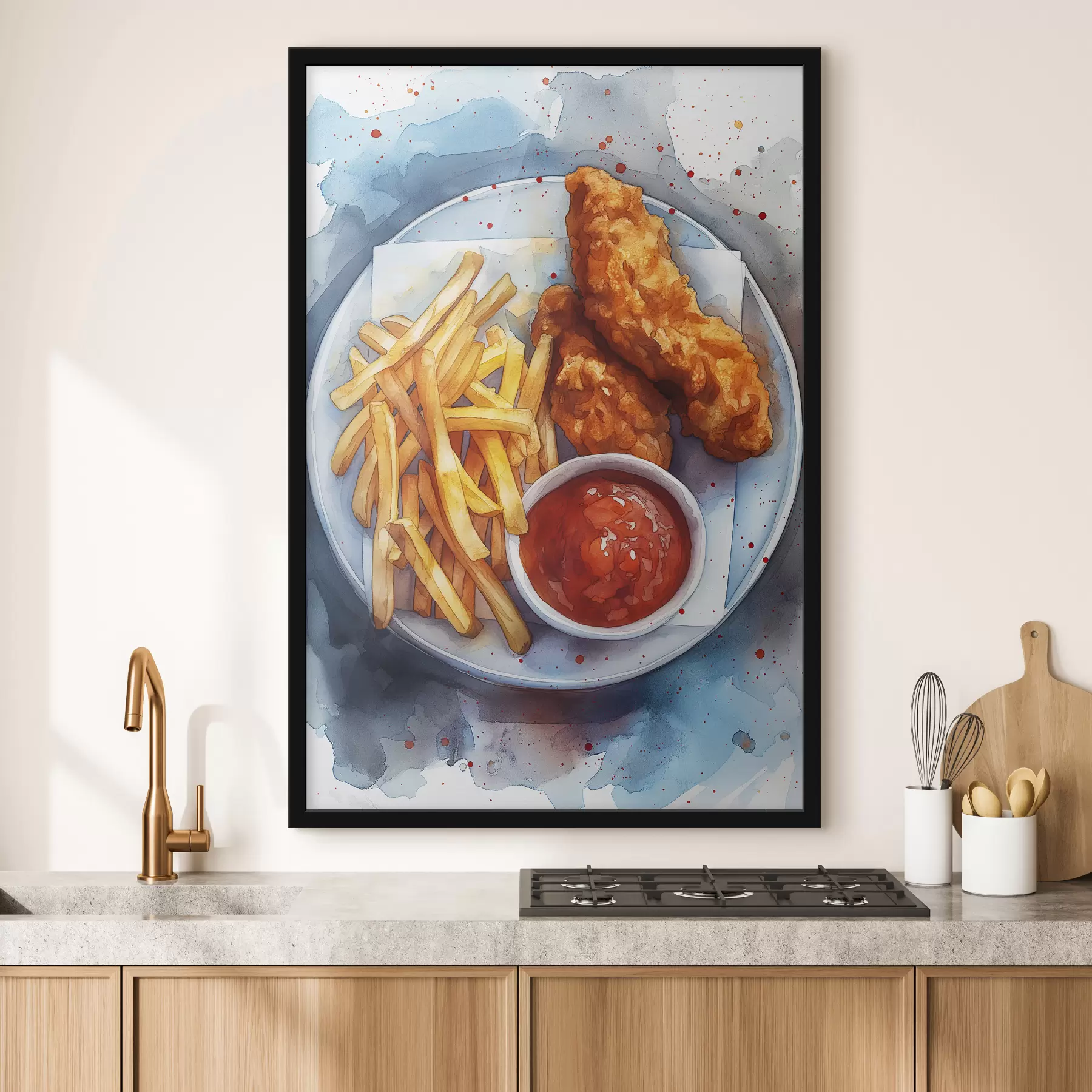 fototapet Watercolor street food, cartofi prăjiți cu pui prăjit, delicios f39709