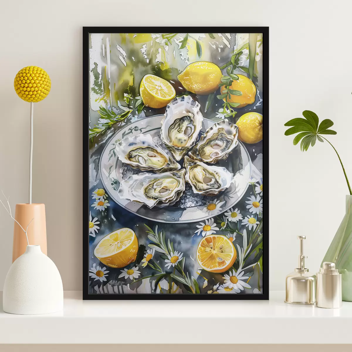 Poster Stridii elegante pe farfurie, lămâi și flori, culori de vară, mediteraneene f39710