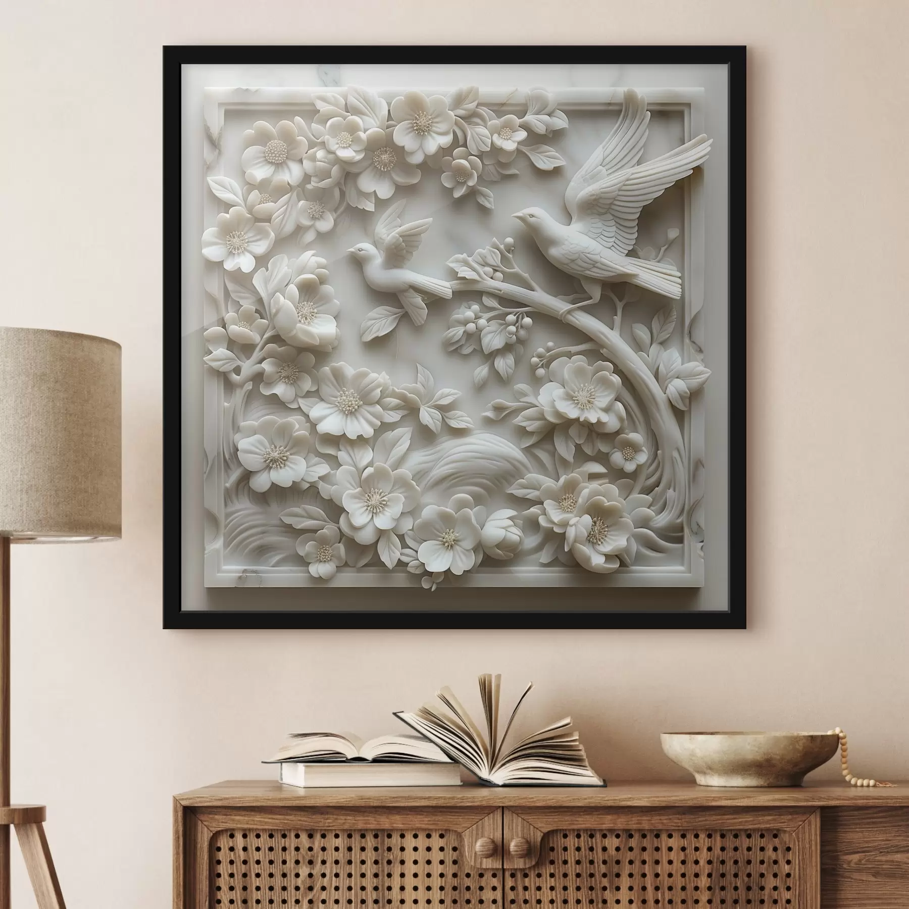 fototapet O grădină din marmură albă cu reliefuri de păsări și flori f39728