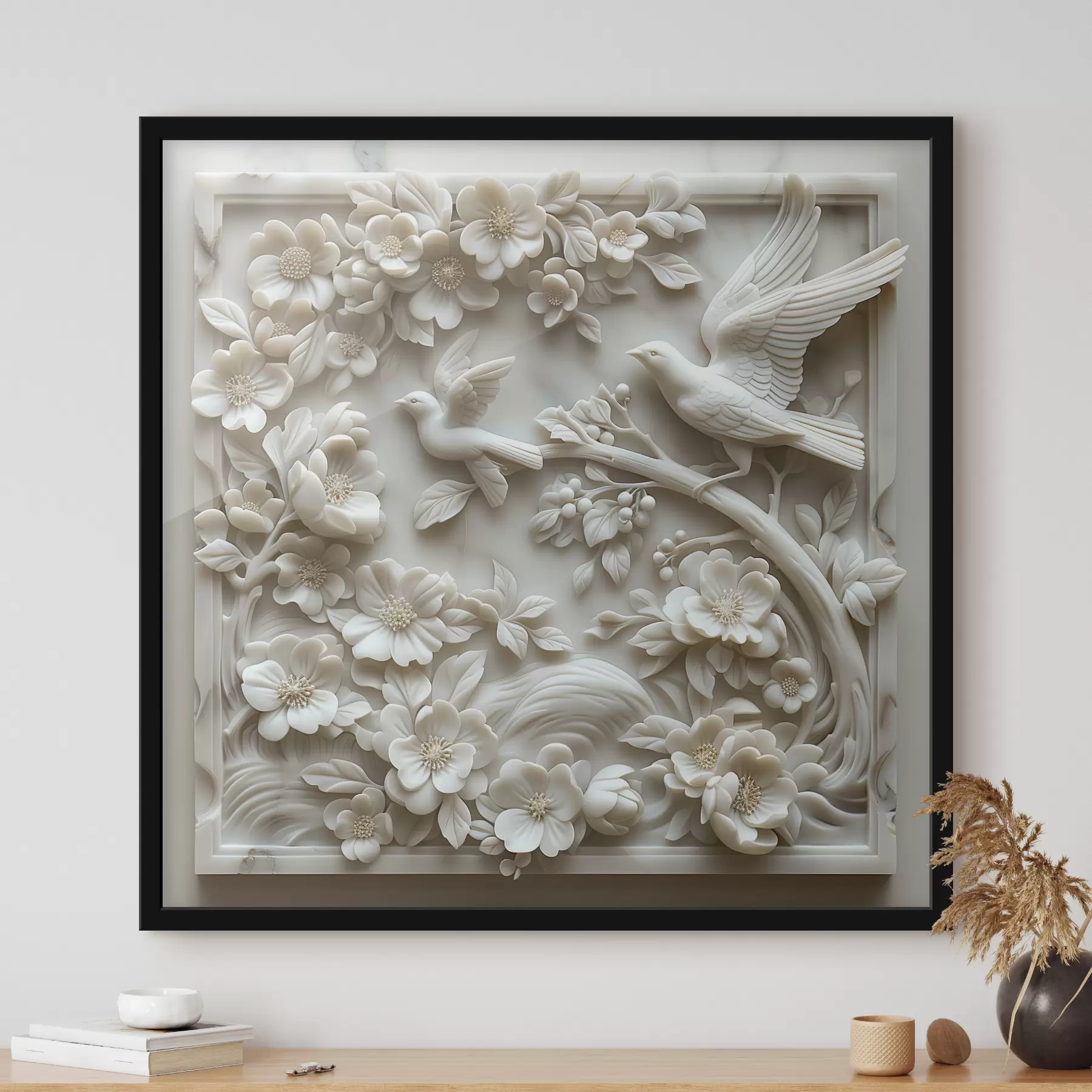 fototapet O grădină din marmură albă cu reliefuri de păsări și flori f39728