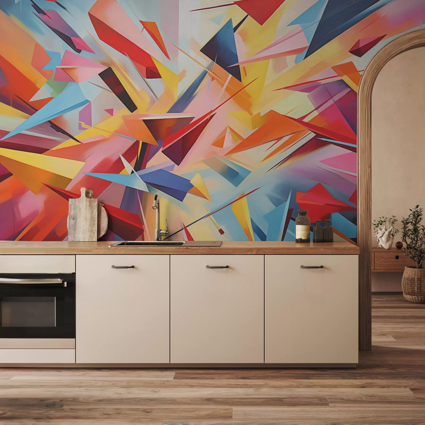 fototapet Abstracție haotică de forme geometrice, roz, albastru, galben w08030