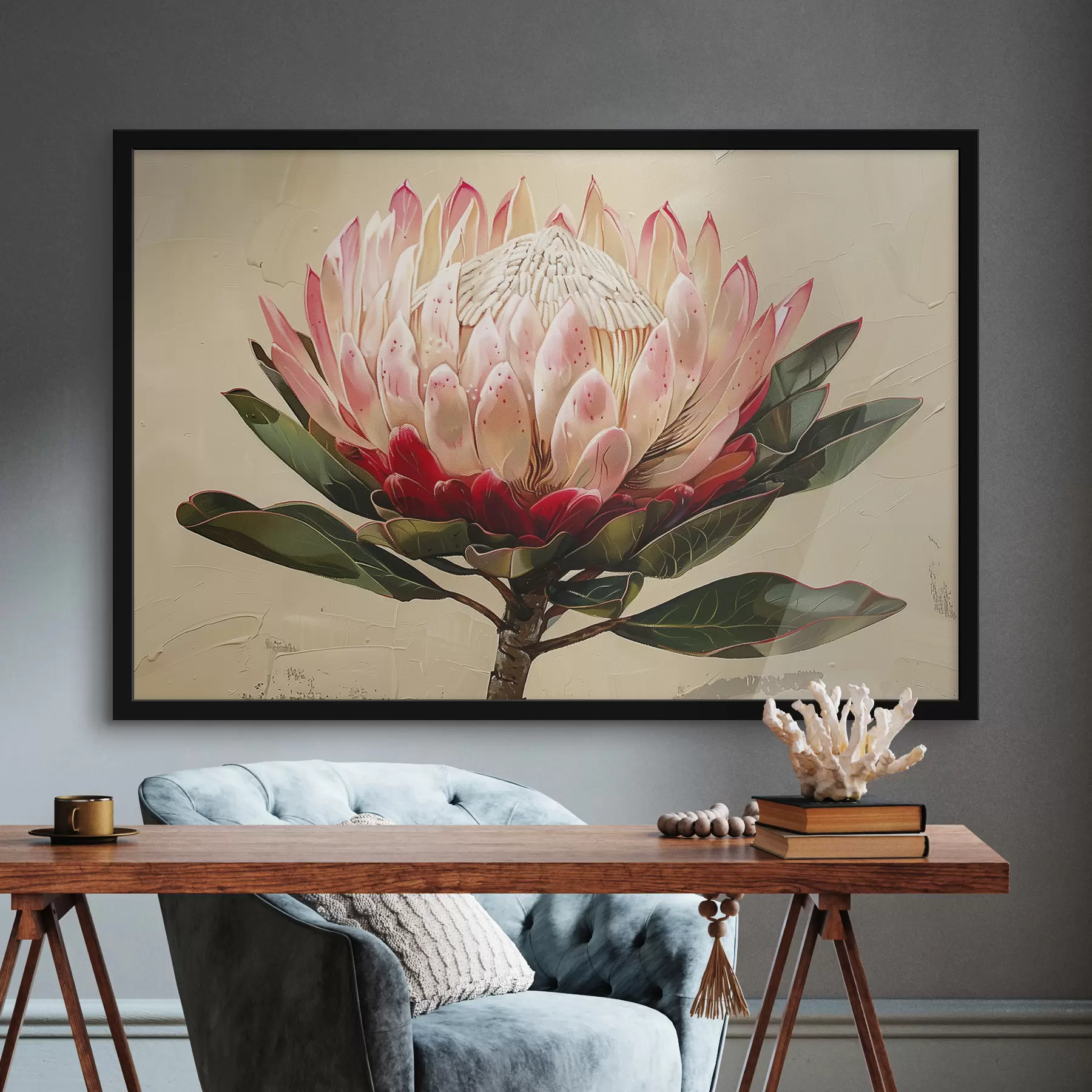 Tablouri Floare Protea, desen acrilic, floral, culori naturale moi f39780