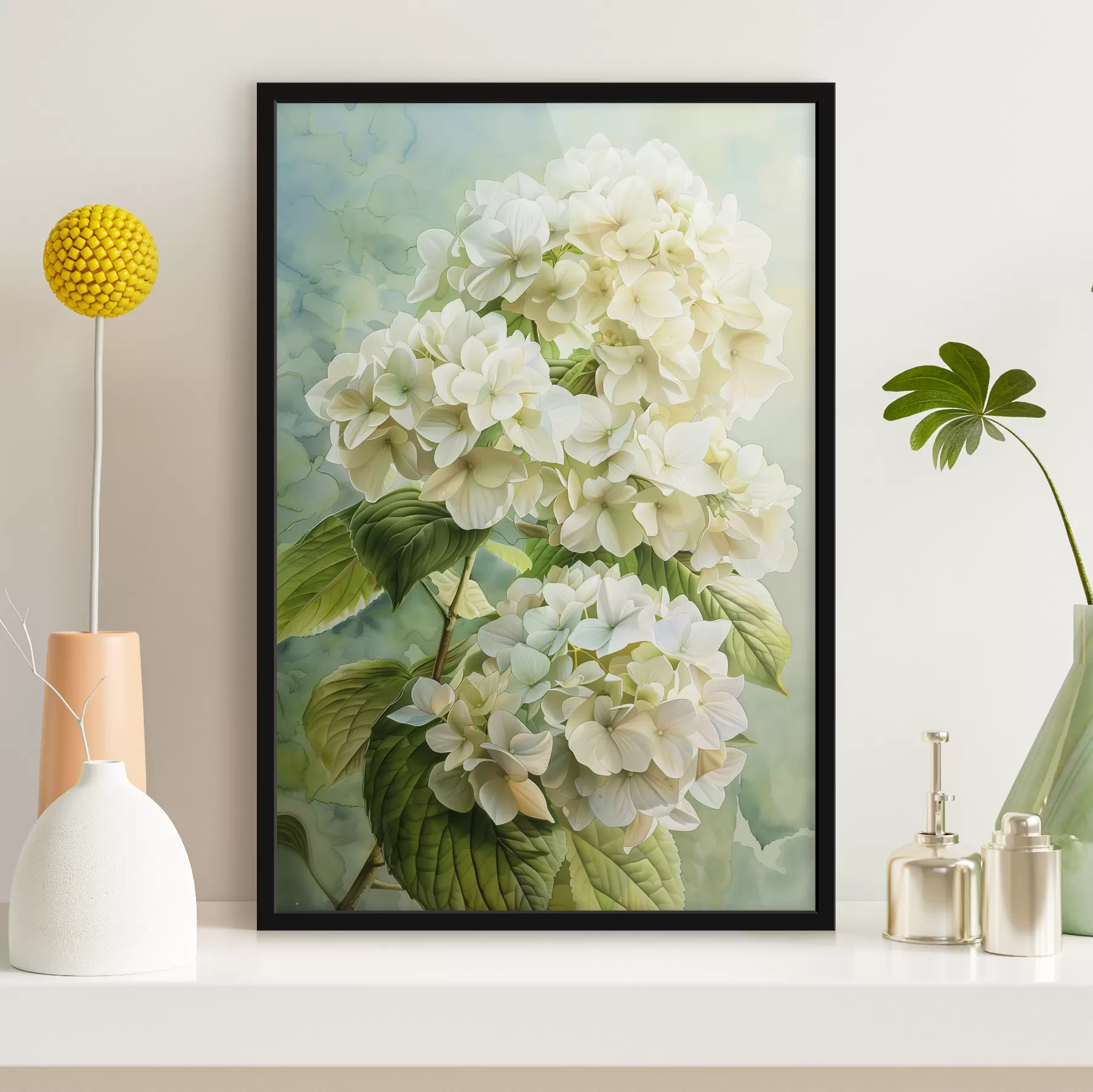 Tablouri Hydrangea floare, florale, culori naturale moi, desen acuarelă f39782