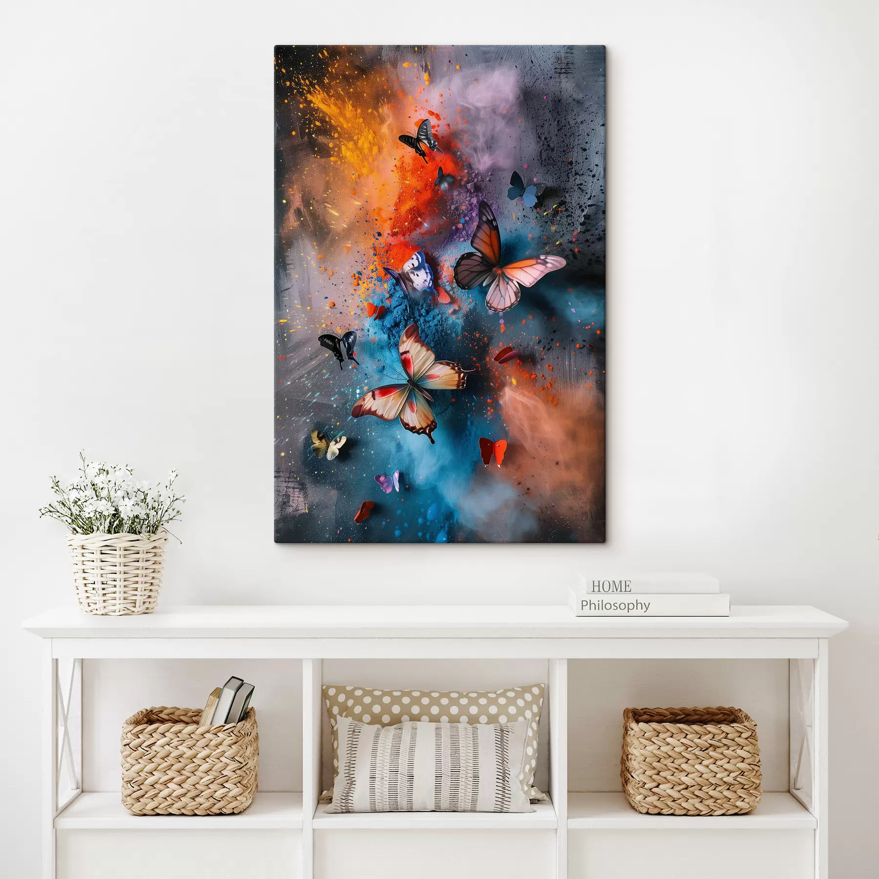 fototapet Fluturi pe un fundal de stropi de vopsea s39803