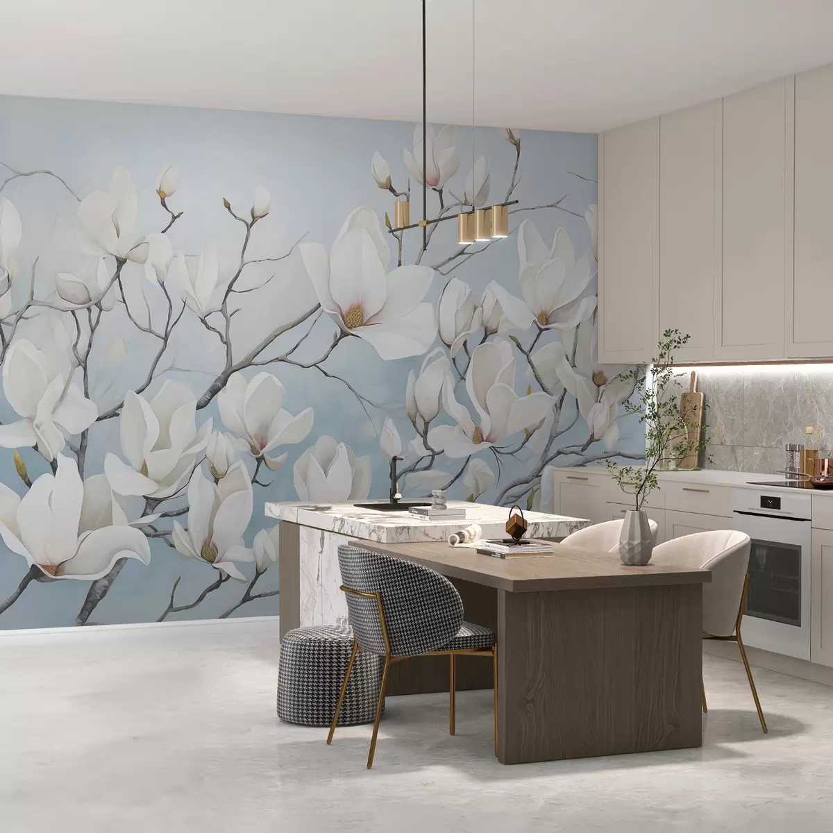 fototapet Ramuri cu magnolie albă pe albastru w08125