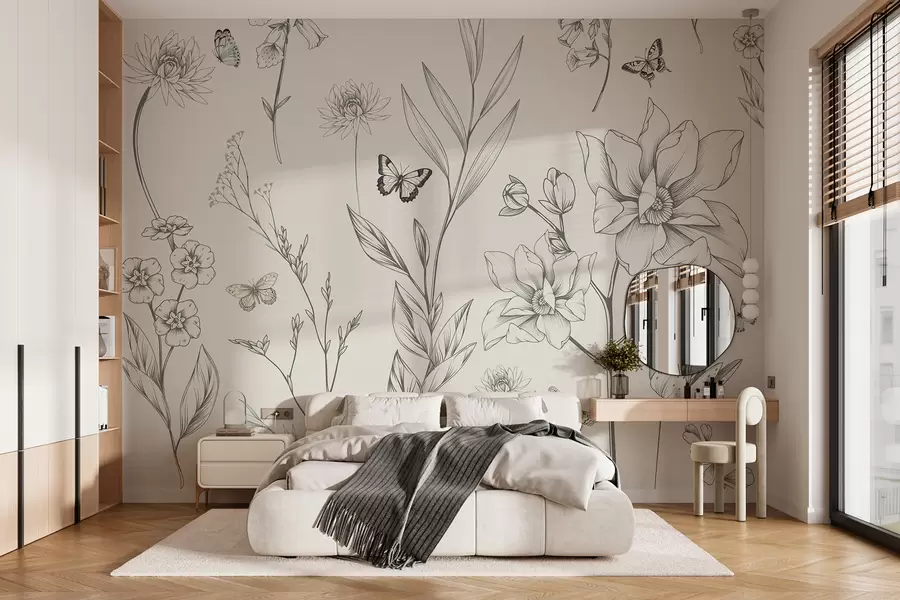 fototapet Boho Monochrome flori și fluturi w08088