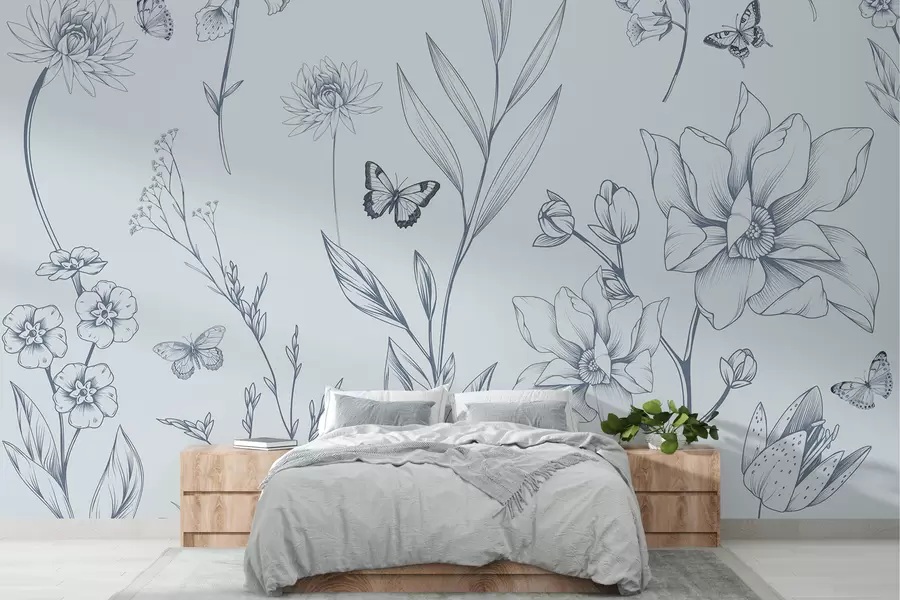 fototapet Boho Monochrome Flori și fluturi în albastru w08088v2