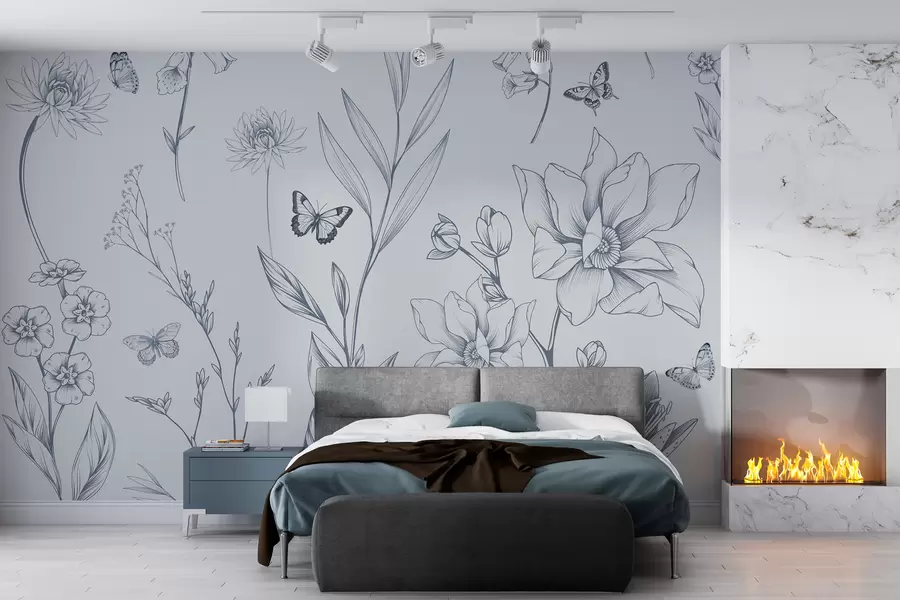 fototapet Boho Monochrome Flori și fluturi în albastru w08088v2