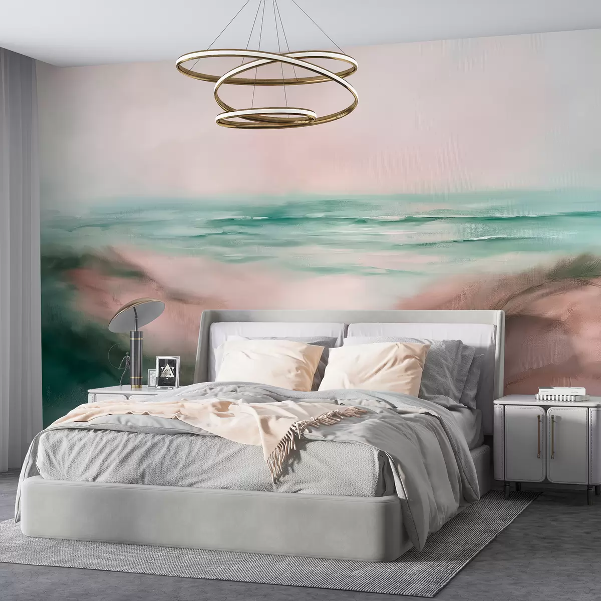 fototapet Peisaj abstract în culori pastelate, plajă, mare, paleta de culori acvamarin și roz, lovituri de perie w08141v2