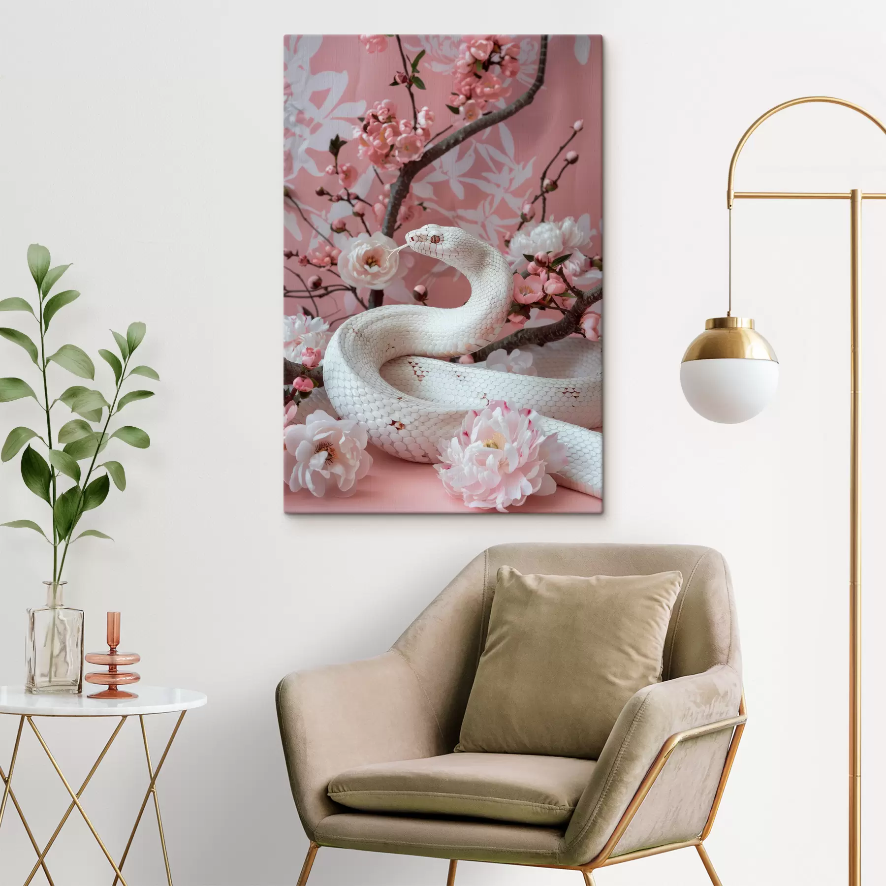 fototapet Șarpe alb și flori roz s39941