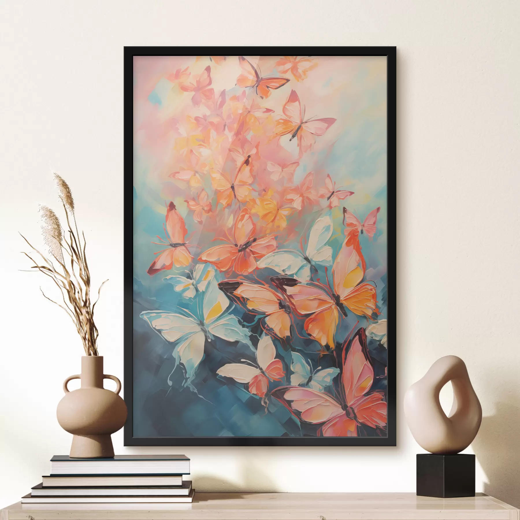 fototapet Un stol de fluturi zboară pe albastru pictura in ulei f39922