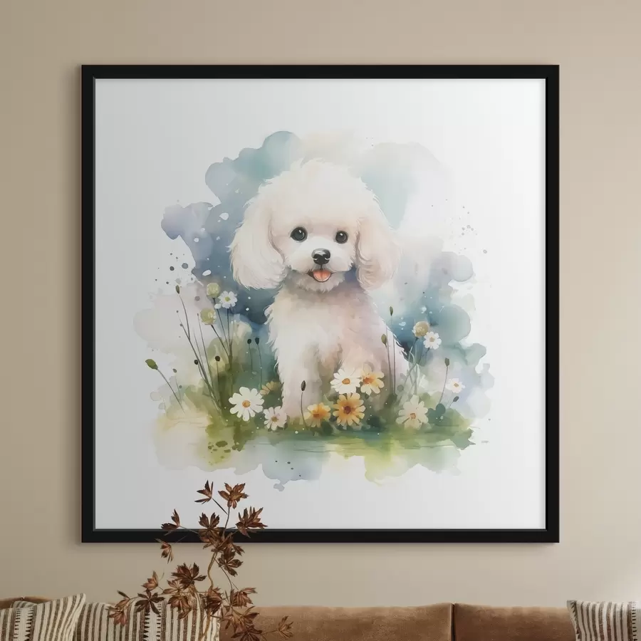 fototapet Mic pudel alb stând într-o acuarelă de flori f39928