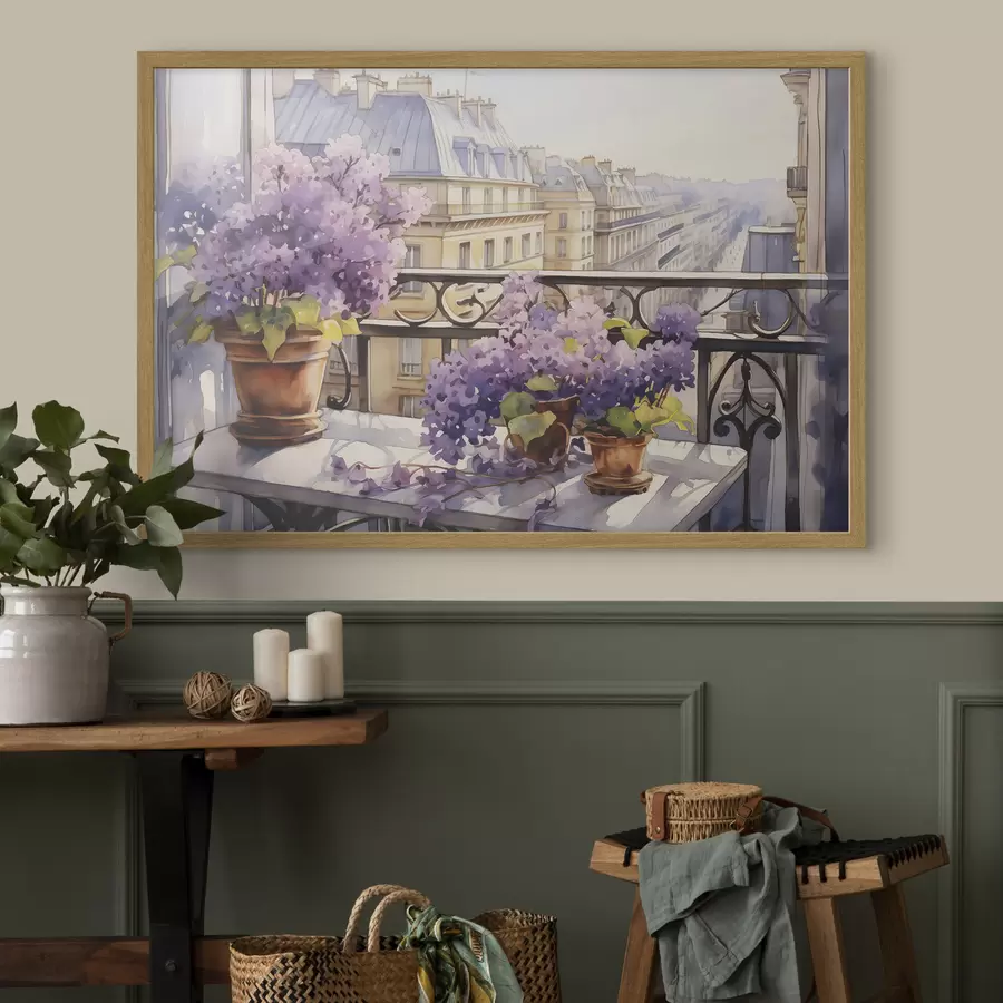 fototapet Violete într-o oală pe un balcon din Paris acuarelă f39931