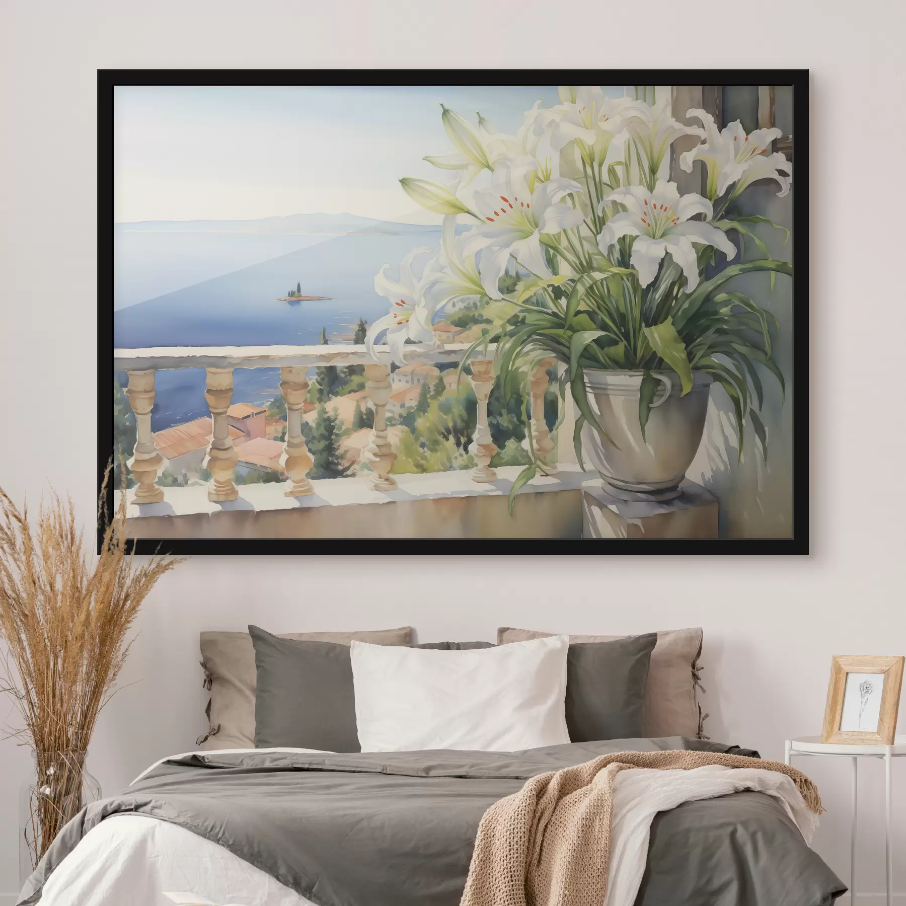 fototapet Crini albi într-o oală pe un balcon pe fundalul golfului acuarelă f39932